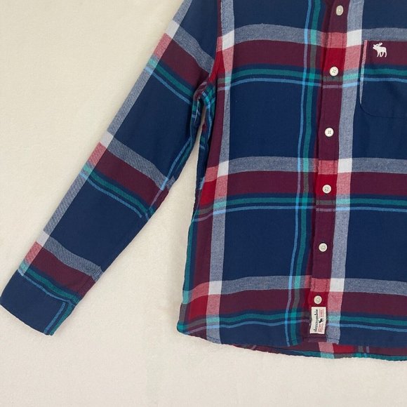 Abercrombie Kids Boys Flannel Shirt Size 13-14 Red Blue White Plaid Long Sleeve - Picture 3 of 15